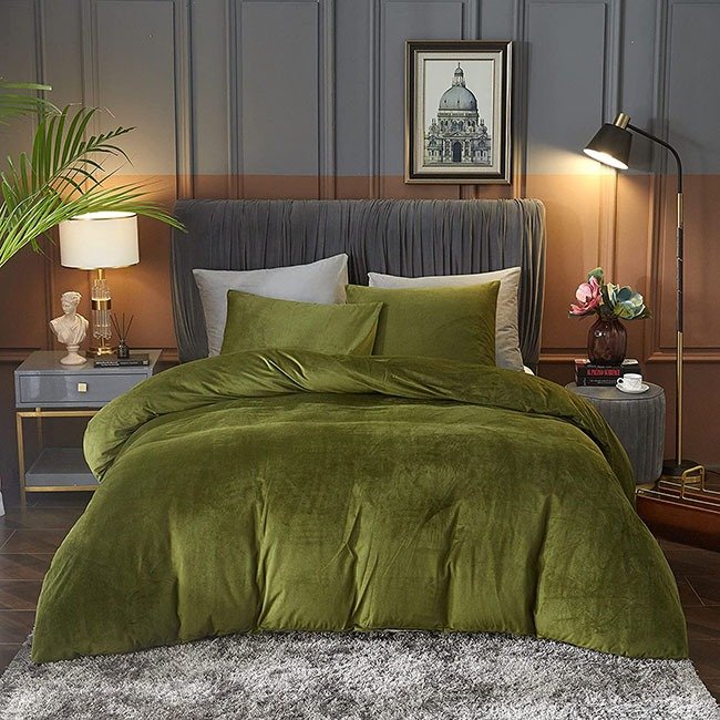 Velvet Duvet Cover Set - Olive Green image 0