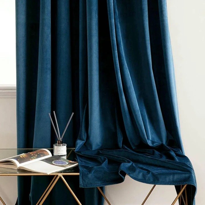 BLUE PLAIN SOLID VELVET CURTAINS - SET OF 2 PANELS image 1