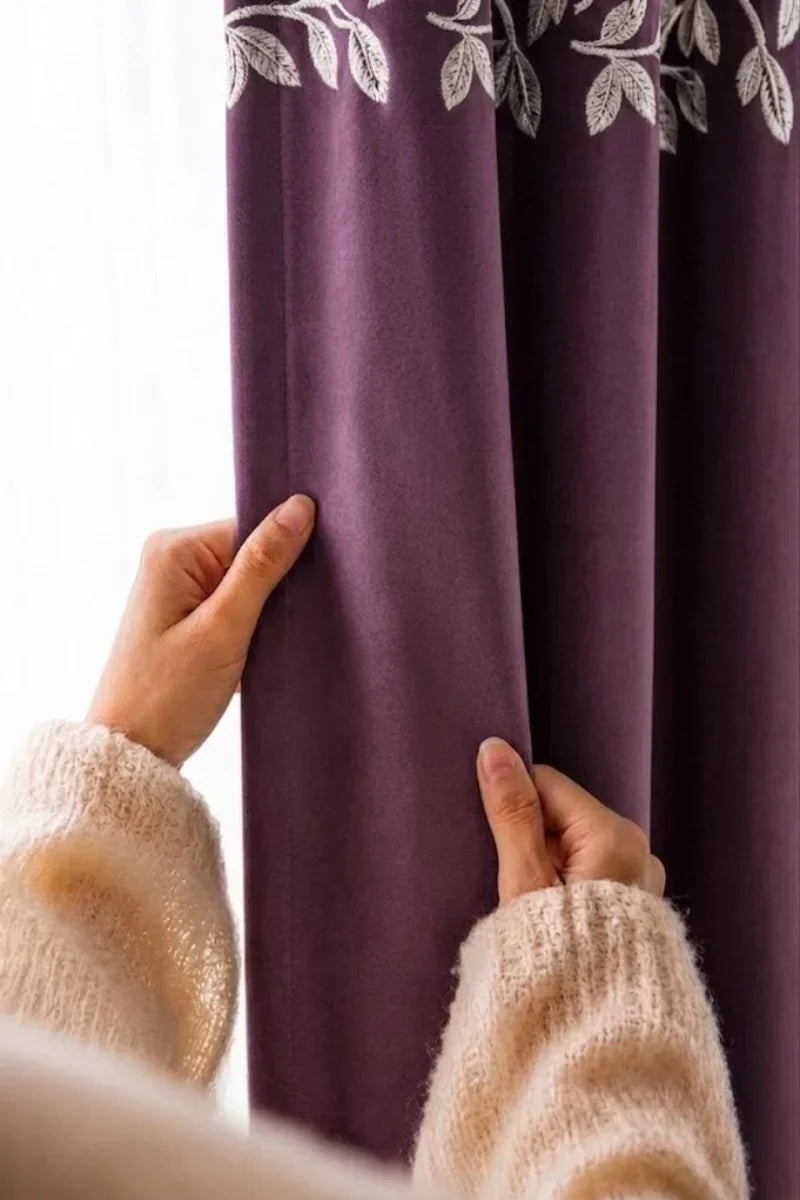 PLUM FLORAL VINE VELVET CURTAINS - SET OF 2 PANELS image 1