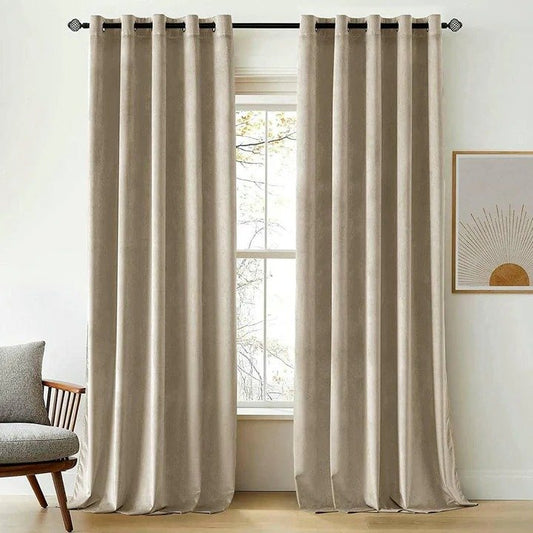 BEIGE PLAIN SOLID VELVET CURTAINS - SET OF 2 PANELS image 0