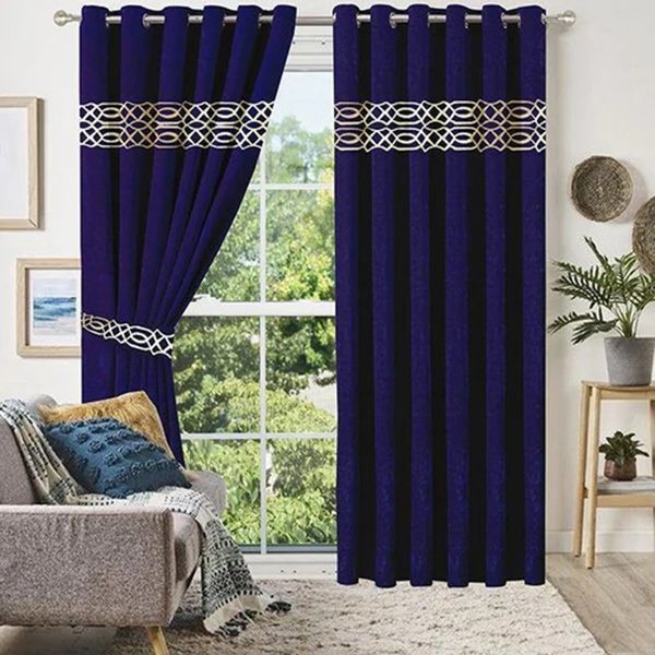 Luxury Velvet Curtains Front Border - Navy Blue And Off White image 0