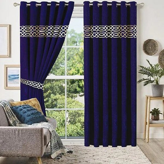 Luxury Velvet Curtains Front Border - Navy Blue And Off White image 0
