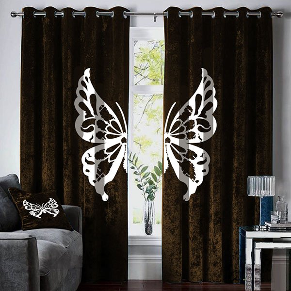 LUXURY VELVET BUTTERFLY CURTAINS - BROWN & WHITE image 0
