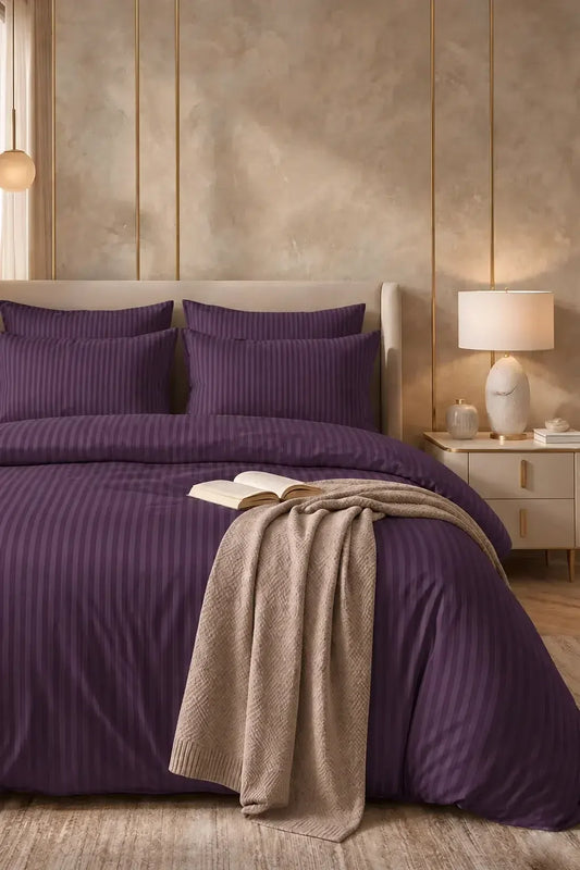 DEEP PURPLE SATIN STRIPE DUVET COVER SET - 6PCS image 0