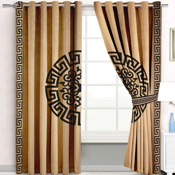 LIGHT GOLDEN & BLACK SPLENDID GREEK VELVET CURTAINS - SET OF 2 PANELS image 0