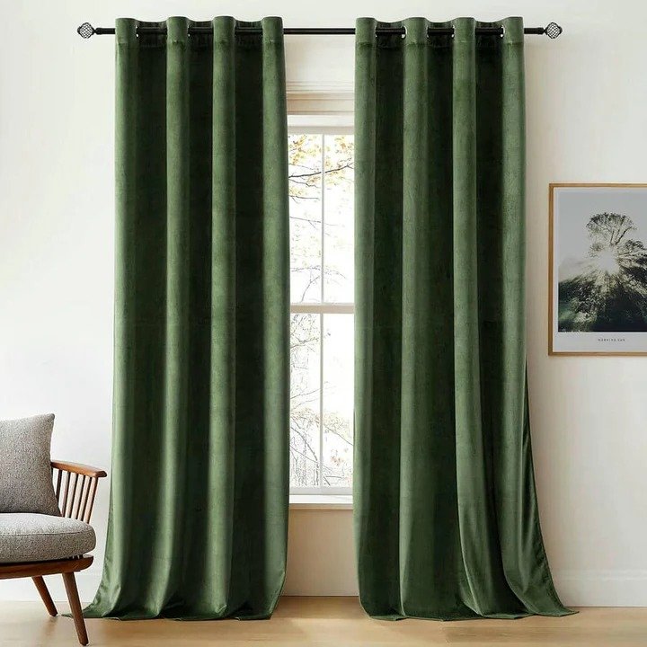 OLIVE GREEN PLAIN SOLID VELVET CURTAINS - SET OF 2 PANELS image 0