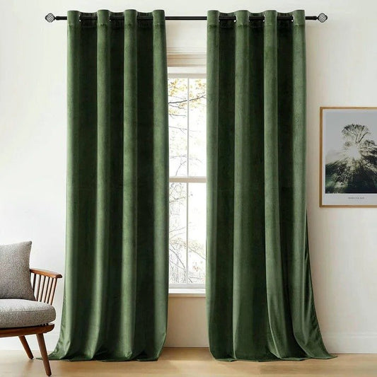 OLIVE GREEN PLAIN SOLID VELVET CURTAINS - SET OF 2 PANELS image 0