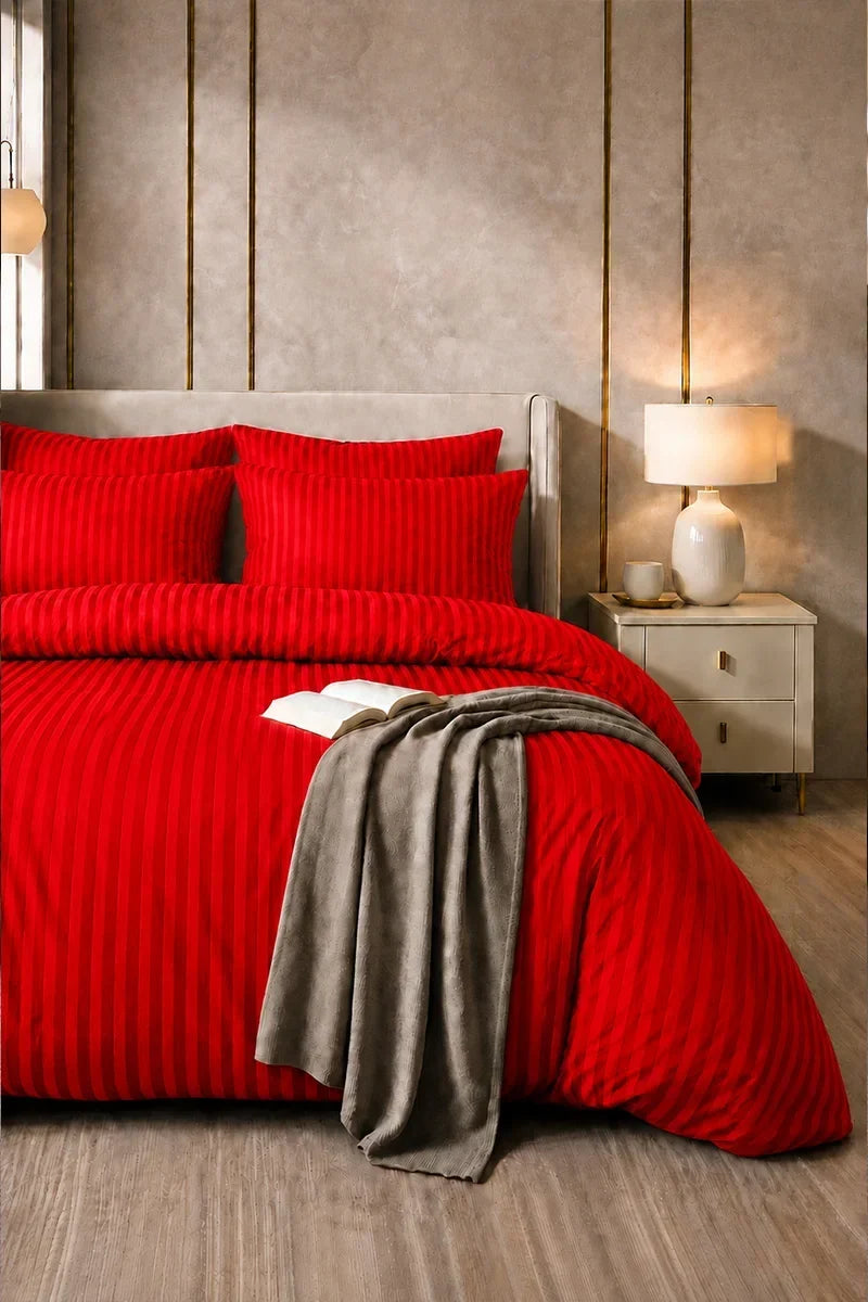 VIVID RED SATIN STRIPE DUVET COVER SET - 6PCS image 0