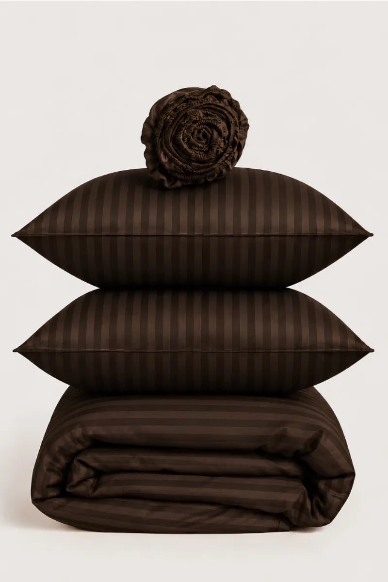 CHOCOLATE BROWN SATIN STRIPE DUVET COVER SET - 6PCS image 1