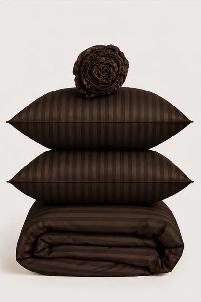 CHOCOLATE BROWN SATIN STRIPE DUVET COVER SET - 6PCS image 1