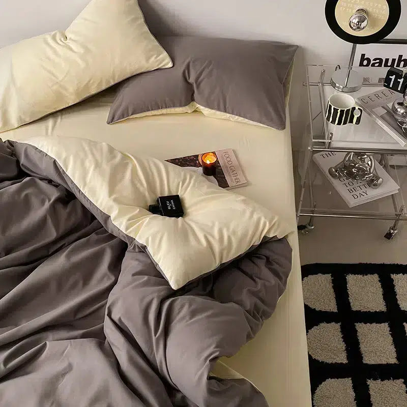 Cotton Reversible Duvet Cover Set - Brown & Sour Cream image 0
