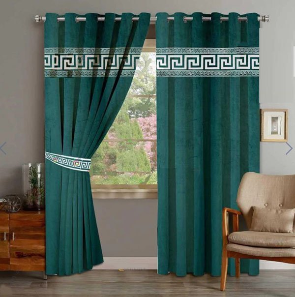 Luxury Velvet Curtains Front Versace Border - Turquoise And Off White image 0