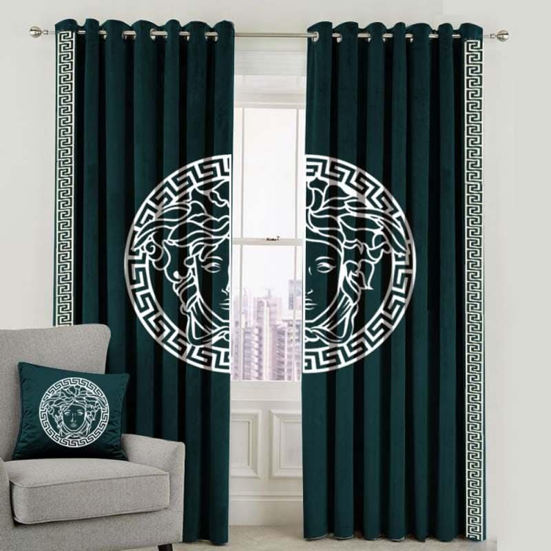 GREEN & OFF WHITE VERSACE DESIGN VELVET CURTAINS - SET OF 2 PANELS image 0