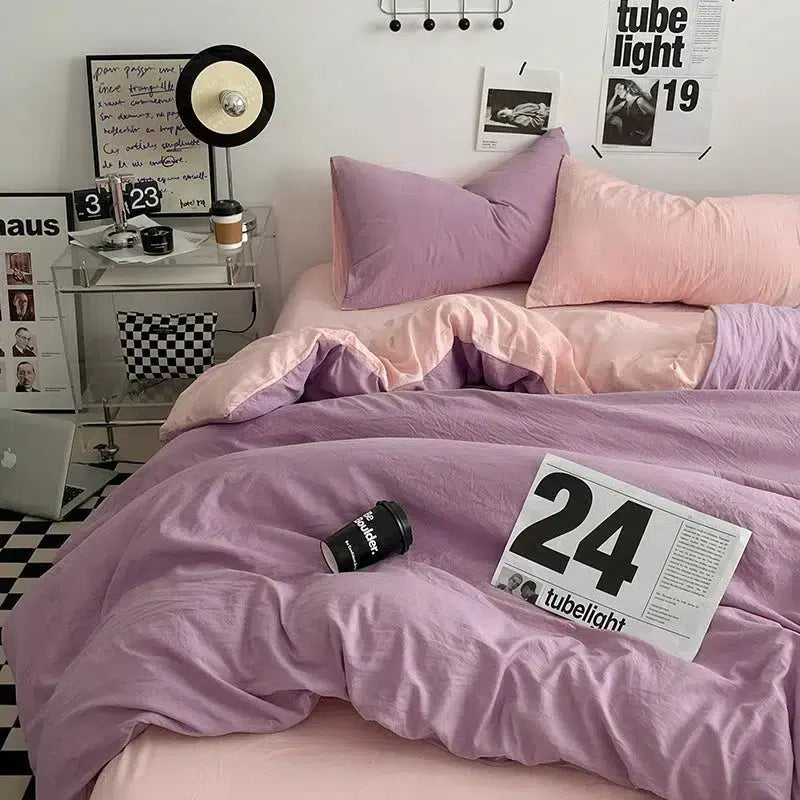 Cotton Reversible Duvet Cover Set - Lilac & Light Pink image 0