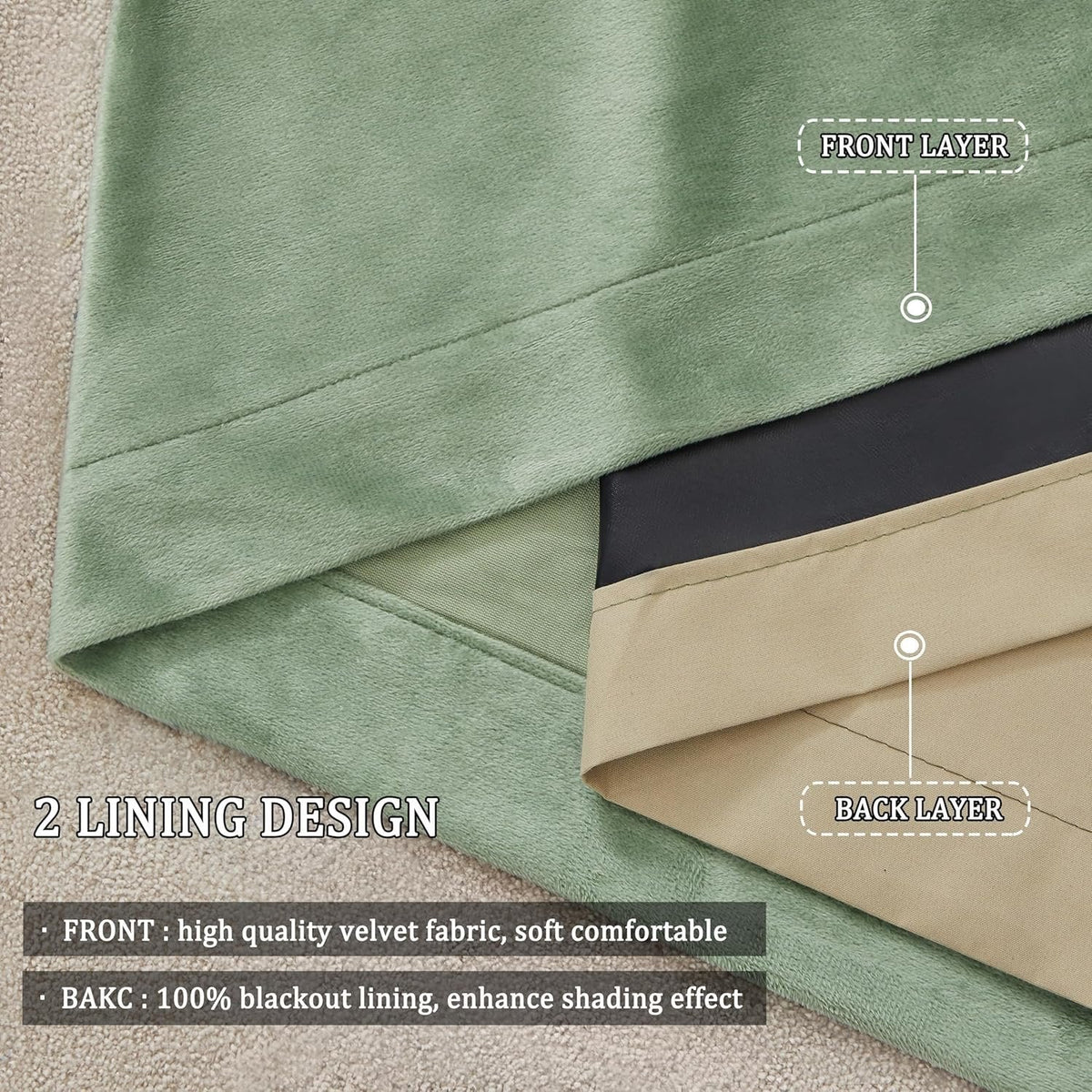 Premium Velvet Blackout Curtains Sage Green ( 2 Curtains Set ) image 1