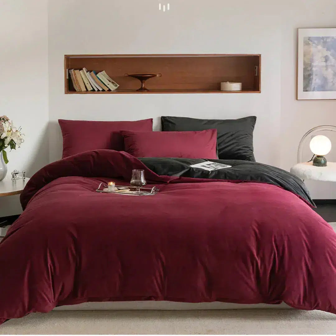 Velvet Reversible Duvet Cover Set - Deep Red & Black image 0