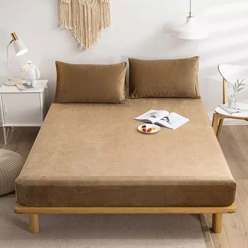 Premium Velvet Fitted Bed Sheet Light Brown image 0