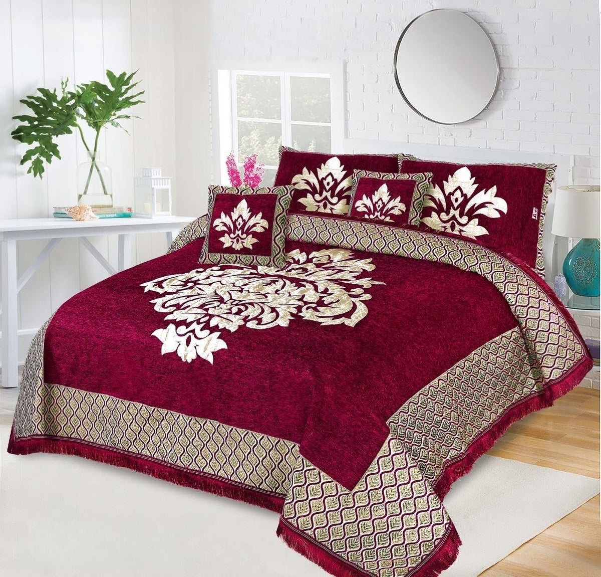 JACQUARD LUXURY MAROON BEDSHEET SET- 5 PCS image 0