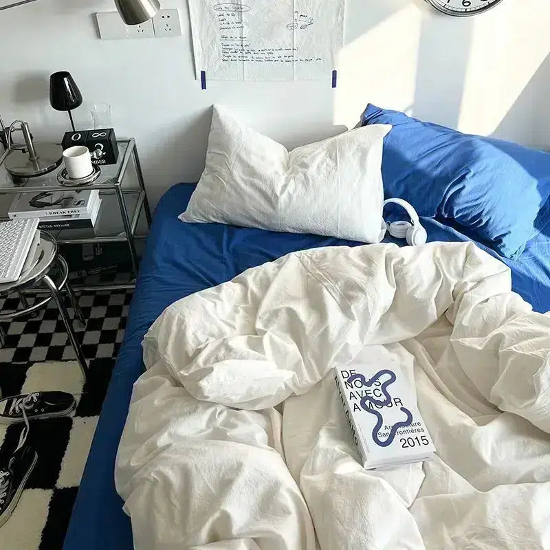 Cotton Reversible Duvet Cover Set - Off White & Royal Blue image 0