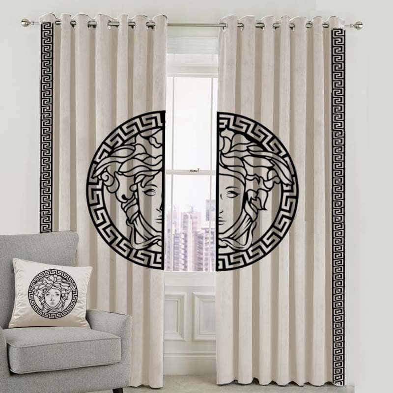 OFF WHITE & BLACK VERSACE DESIGN VELVET CURTAINS - SET OF 2 PANELS image 0