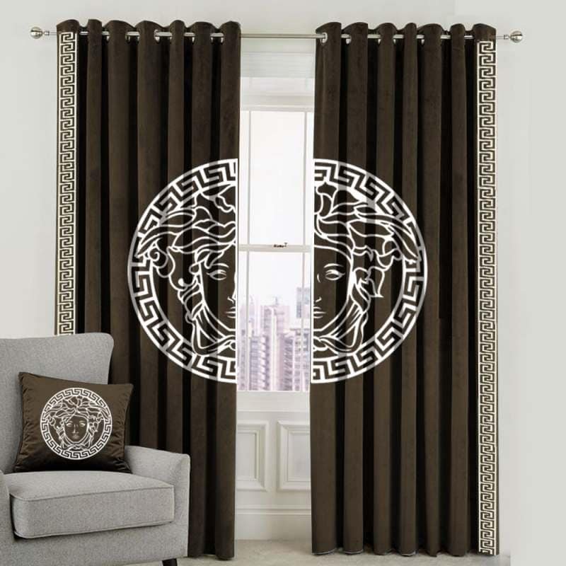 BROWN & OFF WHITE VERSACE DESIGN VELVET CURTAINS - SET OF 2 PANELS image 0