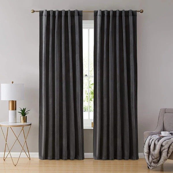 DARK GREY PLAIN SOLID VELVET CURTAINS - SET OF 2 PANELS image 0