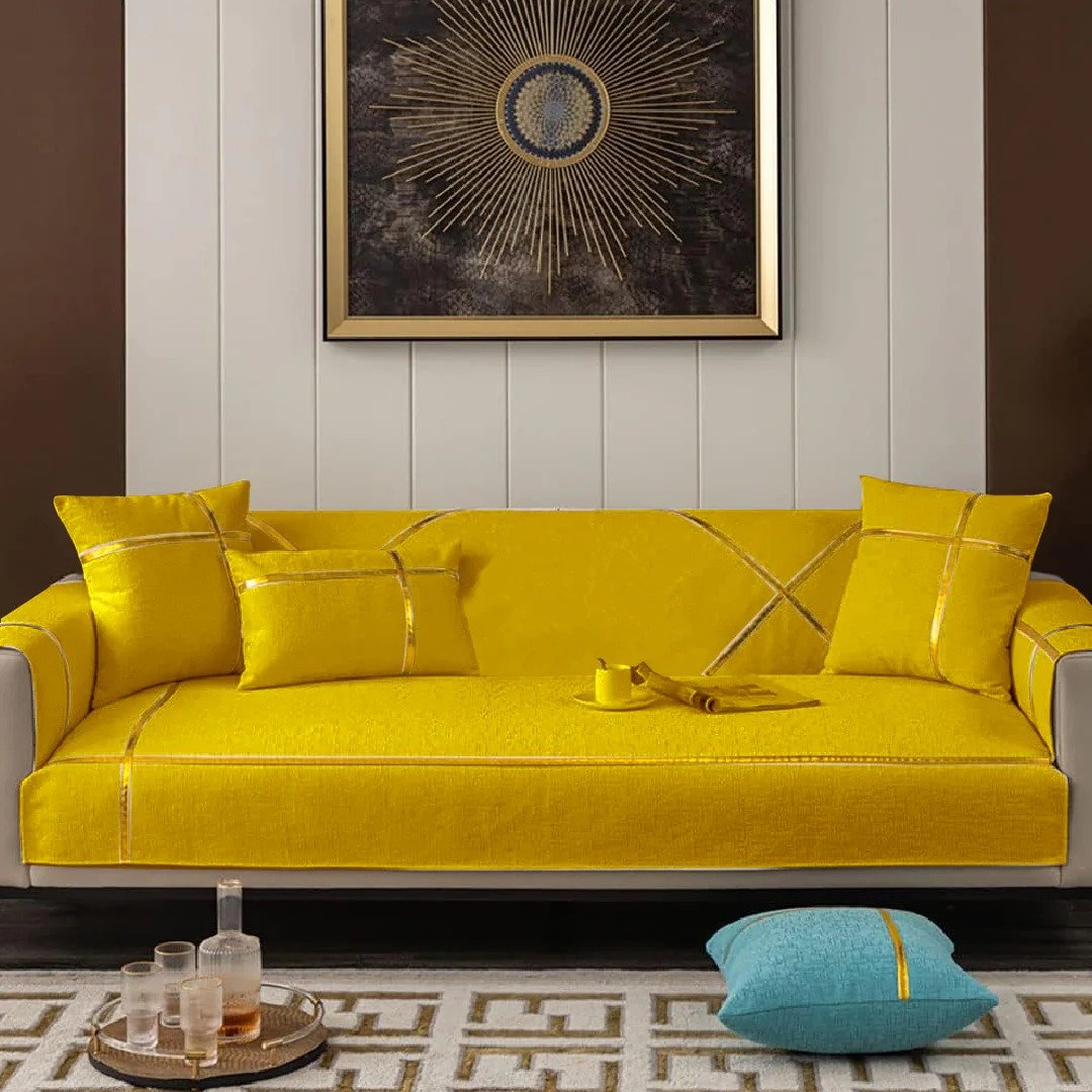 Velvet Sofa Runner with Cushion Covers Yellow image 0