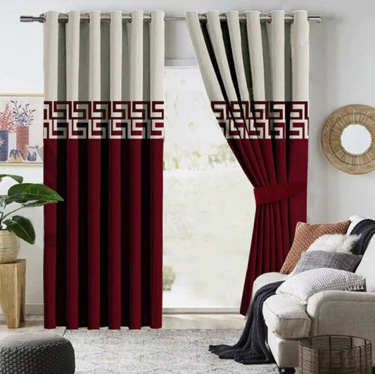 OFF WHITE & MAROON DOUBLE TONE VELVET CURTAINS - SET OF 2 PANELS image 0