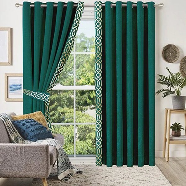 DARK GREEN & WHITE SIDE BORDER VELVET CURTAINS - SET OF 2 PANELS image 0