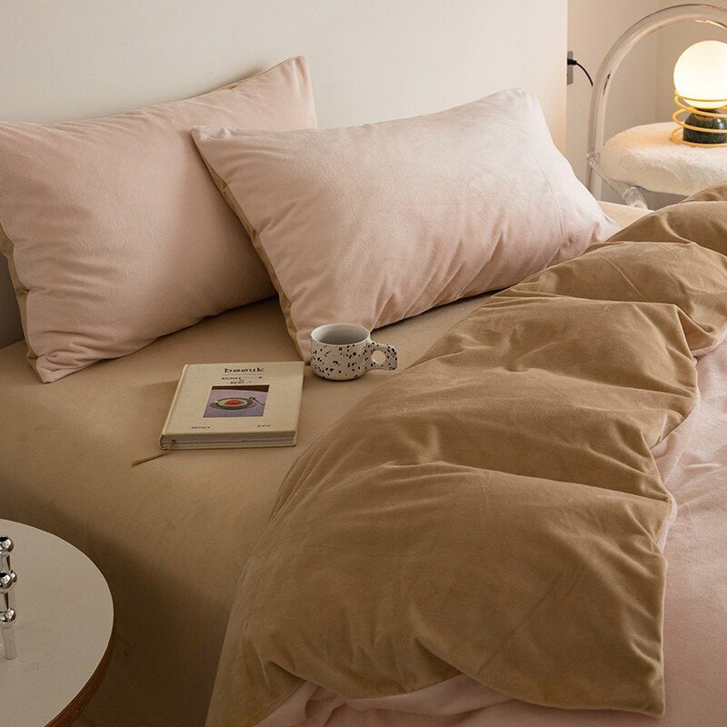 Velvet Reversible Duvet Cover Set - Off White & Beige image 1