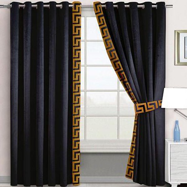 BLACK & COPPER SIDE BORDER VELVET CURTAINS - SET OF 2 PANELS image 0