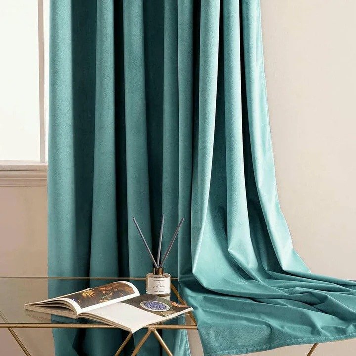 TEAL PLAIN SOLID VELVET CURTAINS - SET OF 2 PANELS image 2
