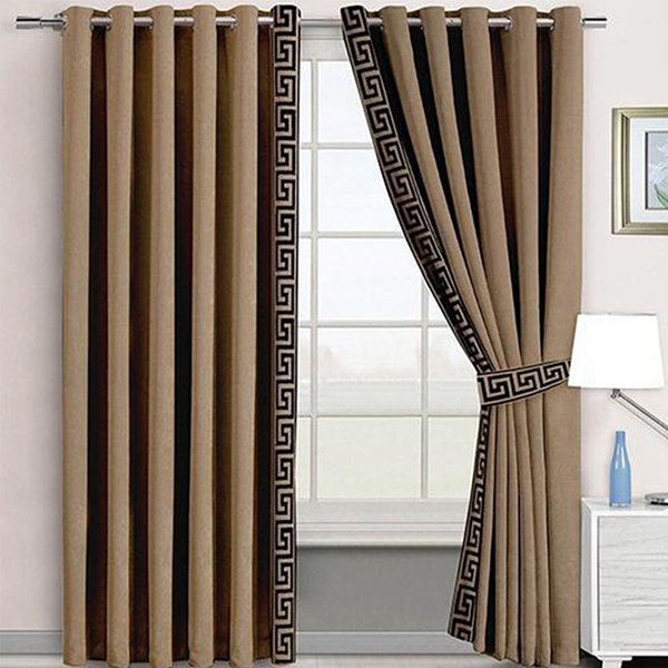 DULL BROWN & BLACK SIDE BORDER VELVET CURTAINS - SET OF 2 PANELS image 0