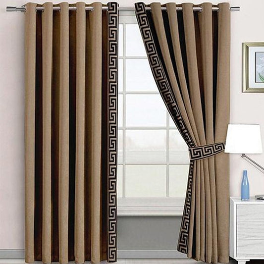 DULL BROWN & BLACK SIDE BORDER VELVET CURTAINS - SET OF 2 PANELS image 0