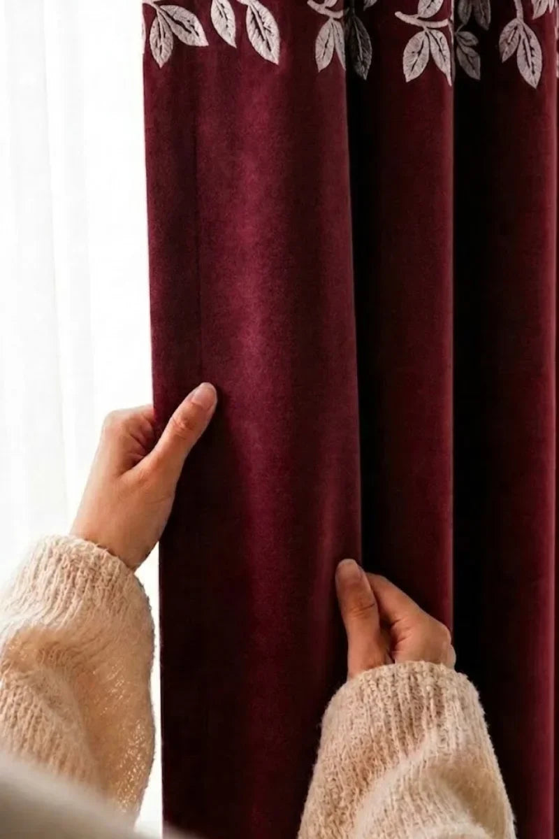 MAROON FLORAL VINE VELVET CURTAINS - SET OF 2 PANELS image 1