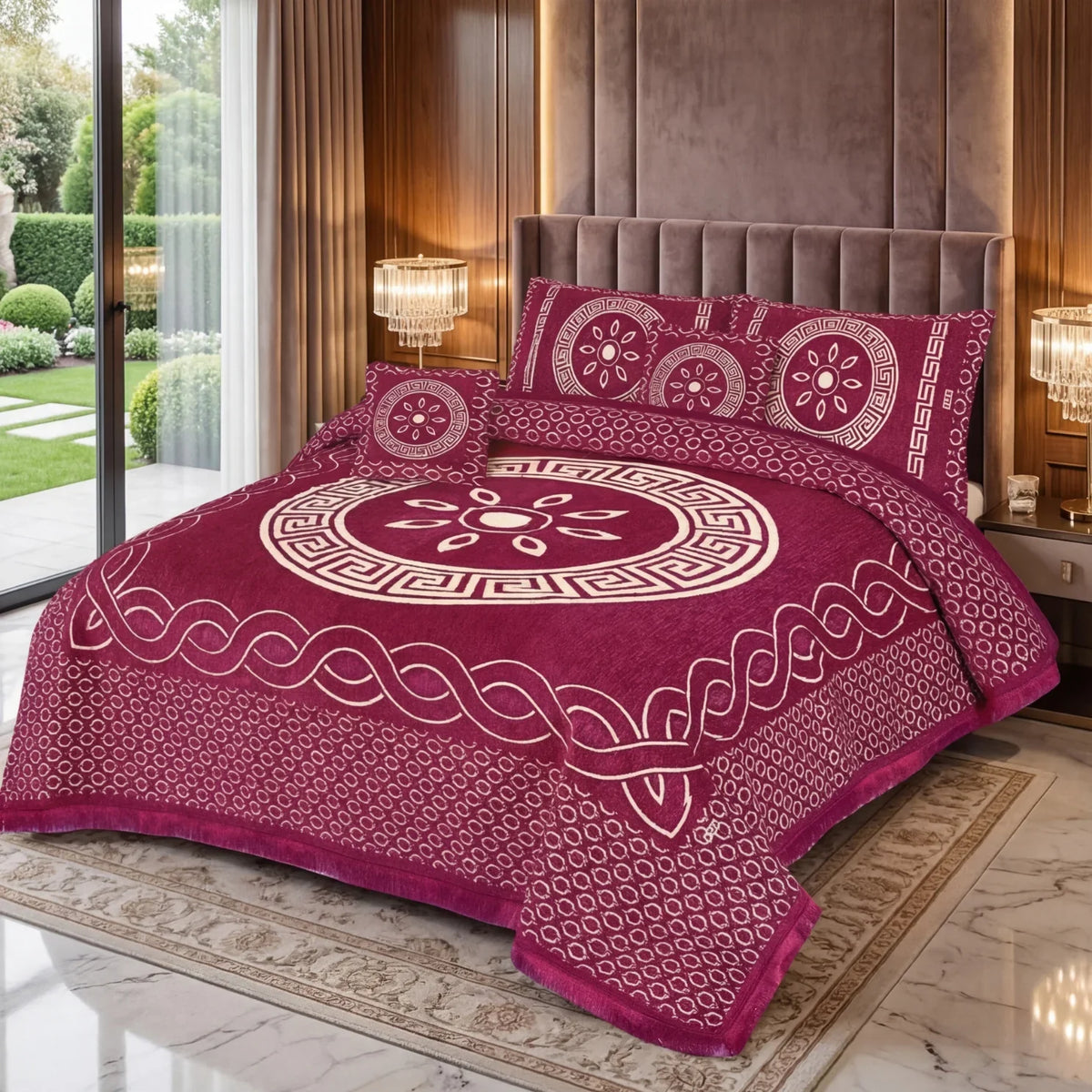 JACQUARD LUXURY HOT PINK BEDSHEET SET- 5 PCS image 0