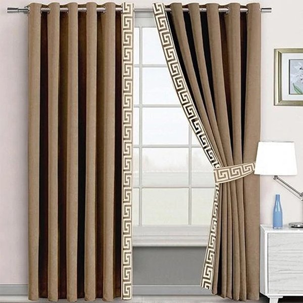 DULL BROWN & WHITE SIDE BORDER VELVET CURTAINS - SET OF 2 PANELS image 0