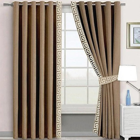 DULL BROWN & WHITE SIDE BORDER VELVET CURTAINS - SET OF 2 PANELS image 0