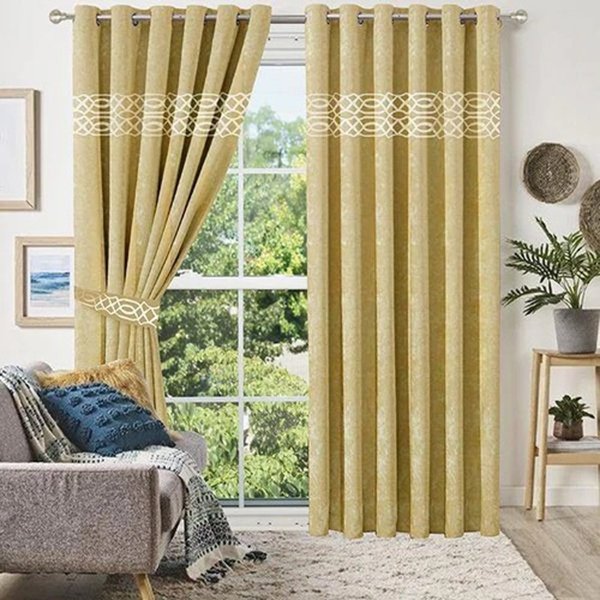 Luxury Velvet Curtains Front Border - Glow Yellow And Off White image 0
