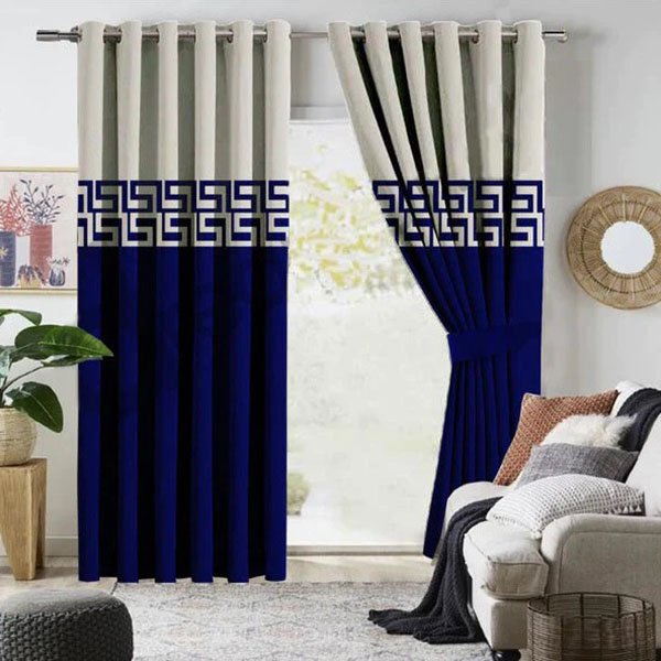 OFF WHITE & ROYAL BLUE DOUBLE TONE VELVET CURTAINS - SET OF 2 PANELS image 0