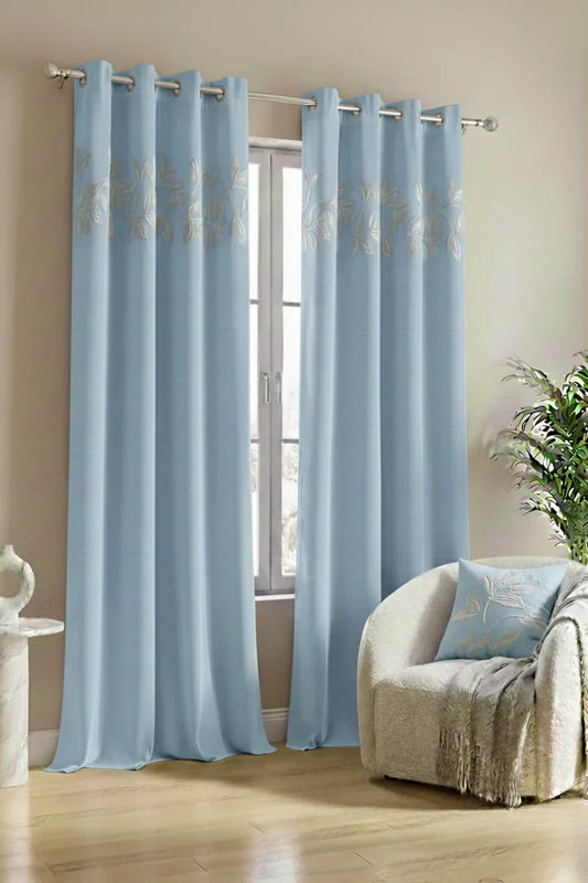 AQUA BLUE FLORAL VINE VELVET CURTAINS - SET OF 2 PANELS image 0