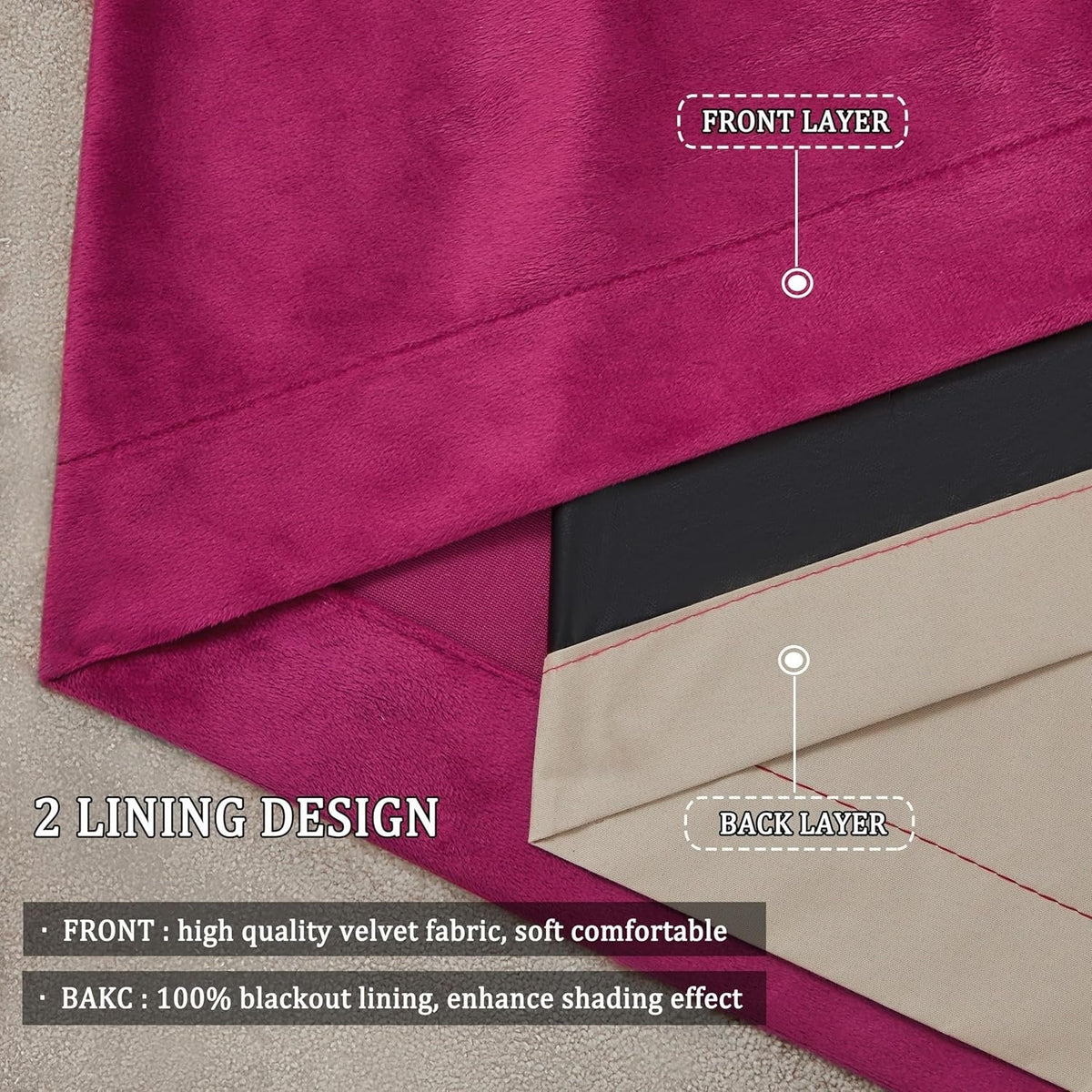 Premium Velvet Blackout Curtains Hot Pink ( 2 Curtains Set ) image 2