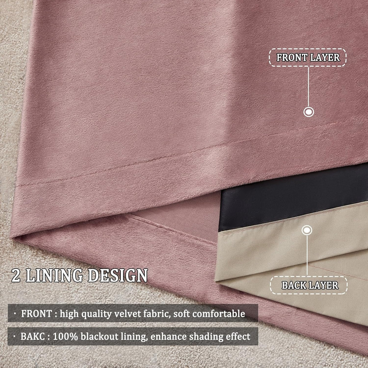 Premium Velvet Blackout Curtains Blush Pink ( 2 Curtains Set ) image 1