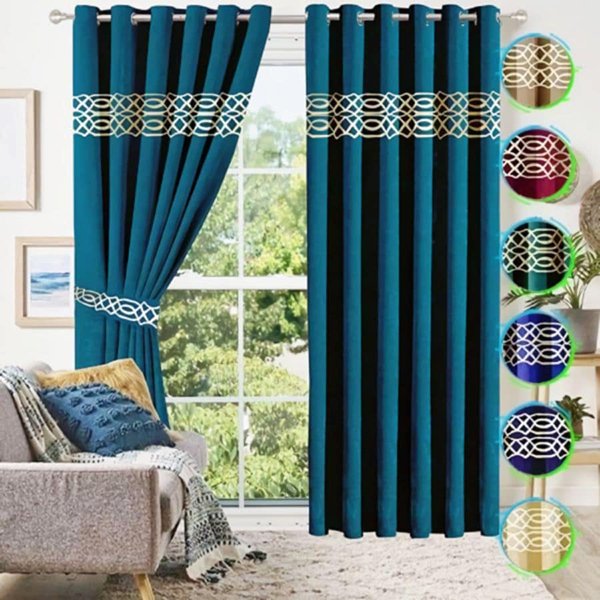 Luxury Velvet Curtains Front Border - Zinc And Off White image 0