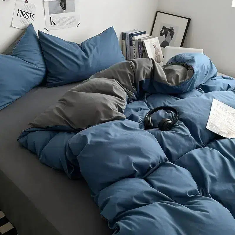Cotton Reversible Duvet Cover Set - Denim Blue & Grey image 0