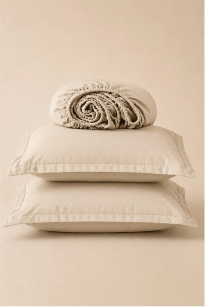 IVORY SOLID COTTON FITTED BEDSHEET - 3PCS image 0
