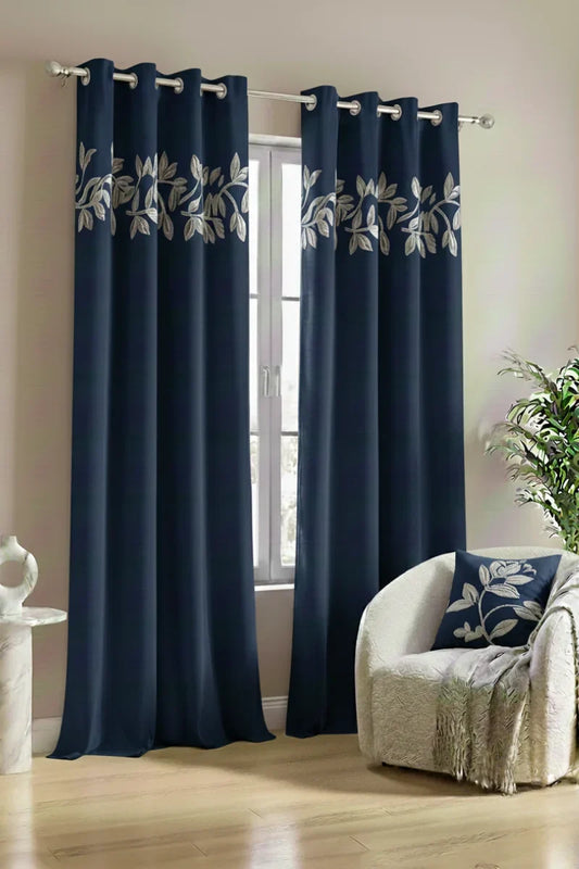 NAVY BLUE FLORAL VINE VELVET CURTAINS - SET OF 2 PANELS image 0