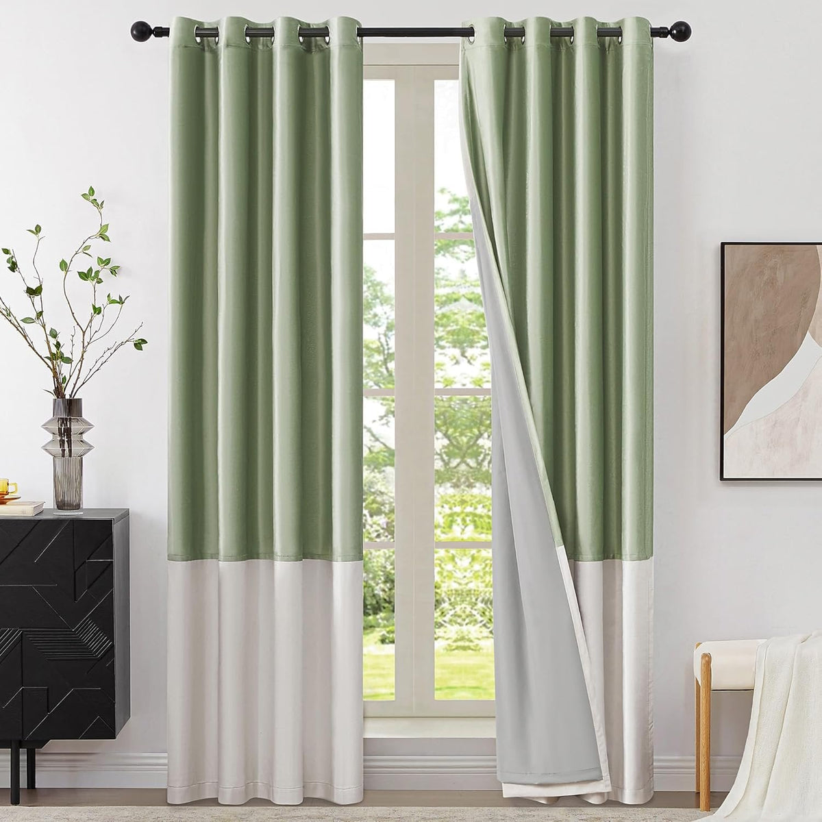 Premium Velvet Blackout Curtains Sage Green & Cream ( 2 Curtains Set ) image 0