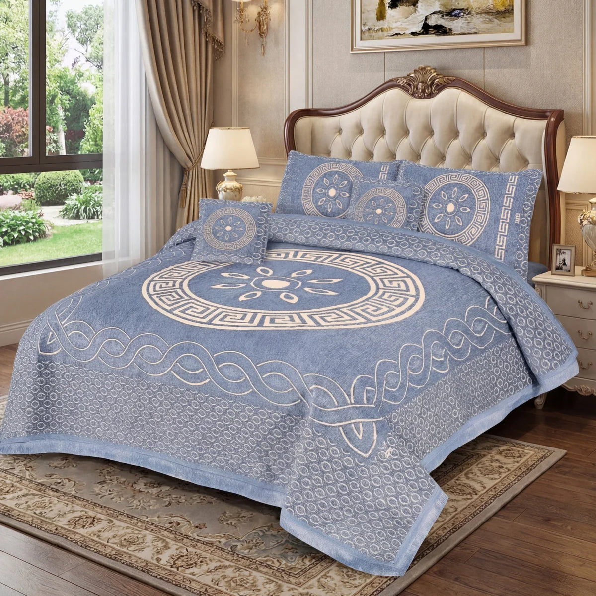 JACQUARD LUXURY SKY BLUE BEDSHEET SET- 5 PCS image 0