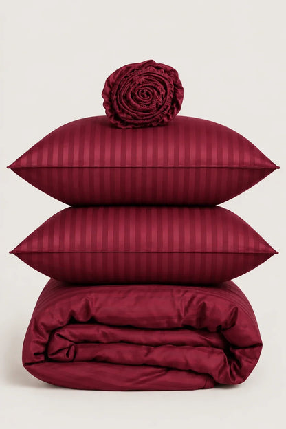 WINE RED SATIN STRIPE DUVET COVER SET - 6PCS image 1